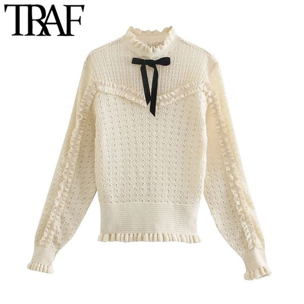 

women fashion with bow ruffled trims knitted sweater vintage o neck long sleeve female pullovers chic 210507, White;black