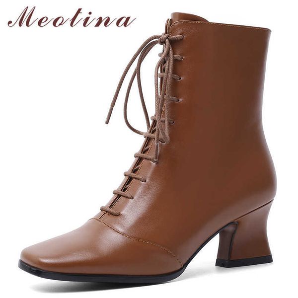 

meotina winter ankle boots women natural genuine leather strange style heel short boots zip square toe shoes lady autumn size 43 210608, Black