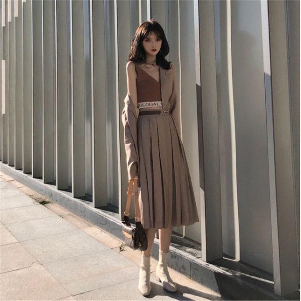 

women's tracksuits 2021 summer suits women pleated long skirt temperament ladies korean style wild fashion two-piece suit, Gray