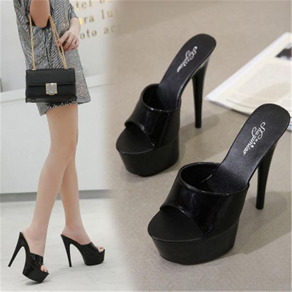 

patent leather slippers women 15 cm super high heel stiletto waterproof platform high-heeled sandals female summer, Black