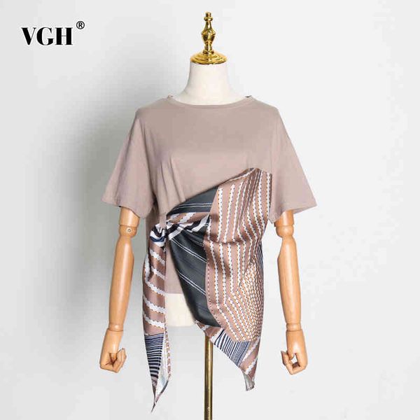 

vgh irregular hem casual t shirt for women o neck short sleeve irregular hem loose t shirts female fashion new clothing summer 210421, White