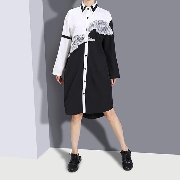 

casual dresses superaen 2021 design autumn fashion patchwork asymmetrical turn down collar full straight for women, Black;gray