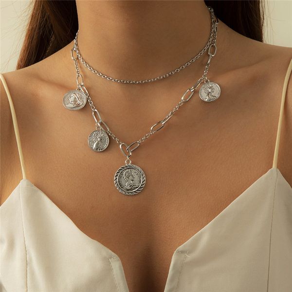 

european retro portrait round brand pendant necklace metal circle tassel clavicle chain double layer women dress punk necklaces jewelry acce, Silver