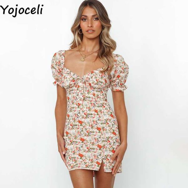

yojoceli bow floral print short dres fashion sweet beach casual elegant chiffon straight 210609, Black;gray