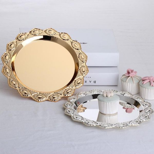 

dishes & plates silver golden storage tray fruit cake mirror glass round plate snack jewelry display wedding party supplies kitchen