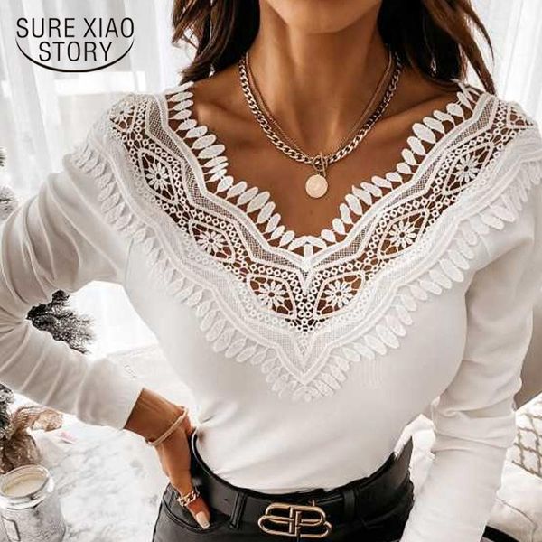 

women's blouses & shirts office lady long sleeve cotton blouse women 2021 solid color v-neck lace bottom shirt white female clothing bl