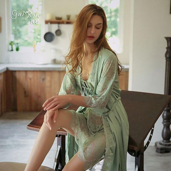

women's sleepwear bathrobe suit (robe+braces skirt+t-underpants)lace nightdress night-robe satin face lingerie home clothing, Black;red
