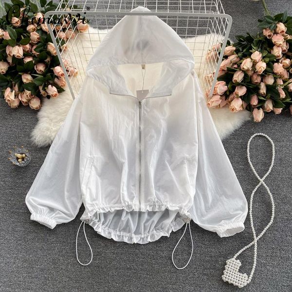 

women's jackets korean sun protection clothing summer simple pure color casual hooded zip cardigan coat female long sleeve loose jacket, Black;brown
