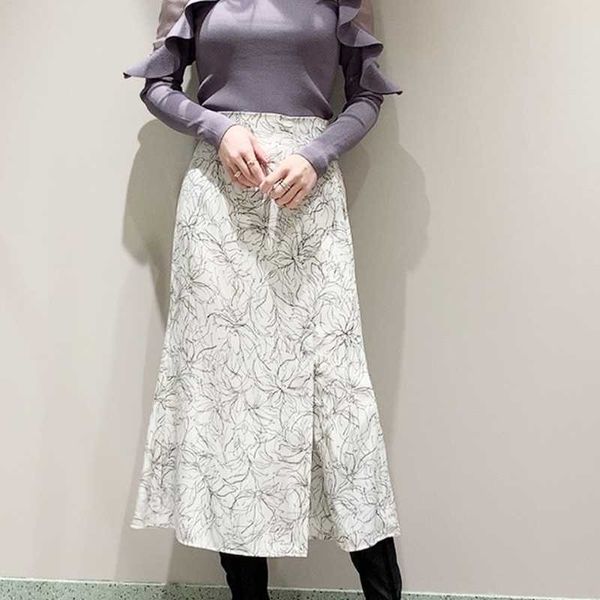 Frühling Sommer Frau Röcke Chic Split Blumendruck Muster Hohe Taille Rock Japan Stil Süße Mode Chiffon Jupe 210525