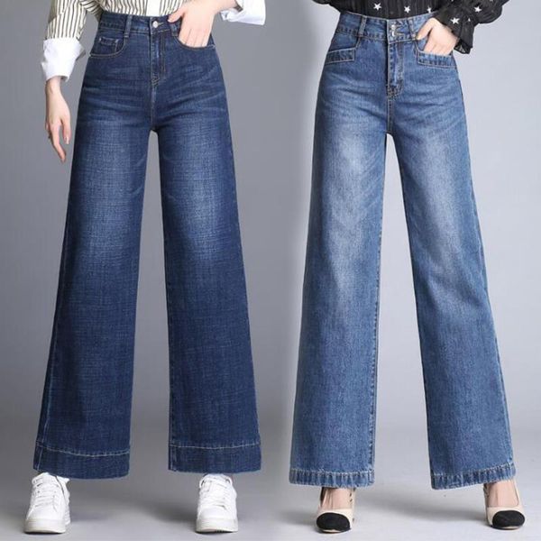 

high waist denim wide leg women jeans pants femme boyfriend ripped plus size ladies mom, Blue