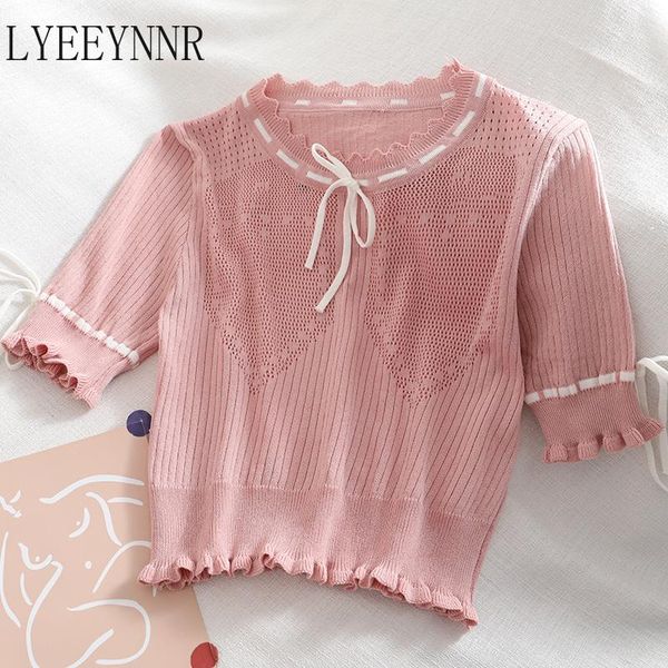 

drawstring lace up sweet t shirt women o neck short sleeve slim waist tshirts female 2021 summer knitted tee women's t-shirt, White