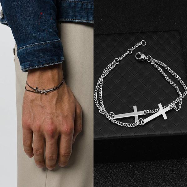 

link, chain 1px double layer cross pendant bracelet stainless steel bracelets for men accessories vintage jewelry homme couple gift, Black