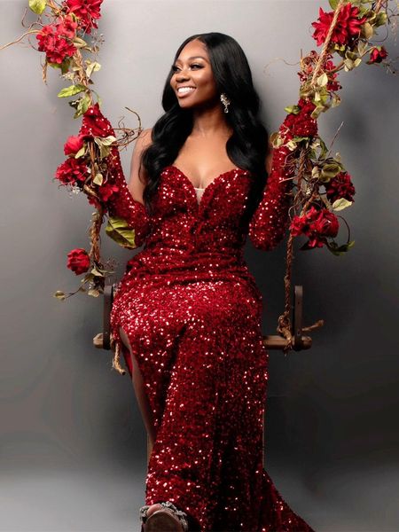

glitter mermaid evening dress strapless plus size sweetheart long women christmas sequined prom dresses aso ebi new year's dress, Black;red