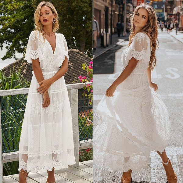 

casual dresses hollow out white dress women long lace cross semi-sheer plunge v-neck short sleeve maxi, Black;gray