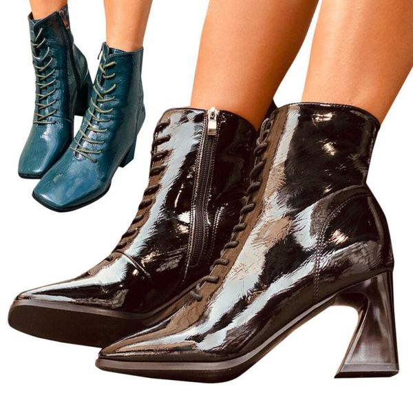 

womens ladies plain lace up square toe boots casual shoes autumn party heels, Black