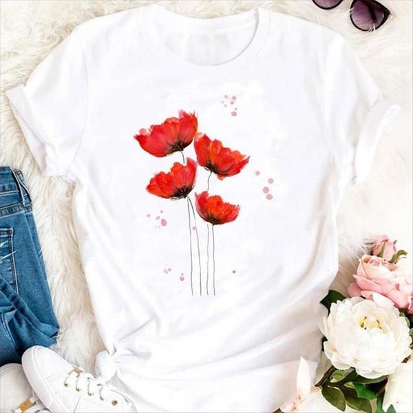 

summer flower watercolor cute womens t shirts trend cartoon tshirts fashion clothes graphic lady print tee shirt, White