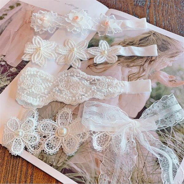 

5pcs/lot kids headbands lace flower bow hairbands born infant hair accessories sweet girl princess headwear, Slivery;white