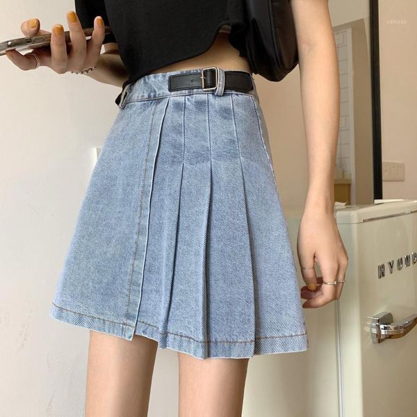 

skirts denim pleated skirt women summer blue solid casual high waist a line street irregular all-matched jeans, Black