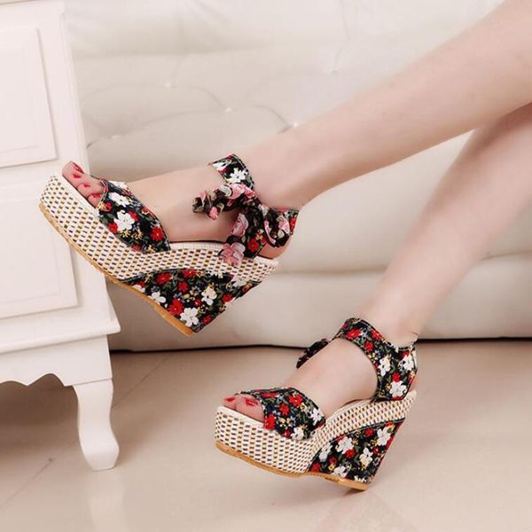 

quality women sandals bowknot design platform wedge female casual high increas shoes ladies fashion ankle strap open toe, Black