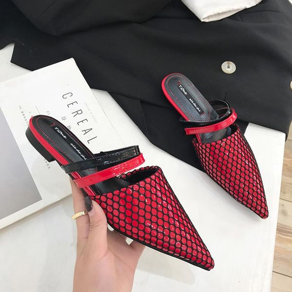

slippers 2021 fashion women pointed toe air mesh design flats shoes slip on lazy slides beach comfortable summer mule, Black