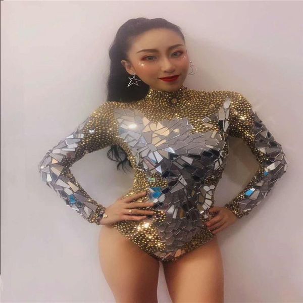 

party decoration x50 female rhinestone bodysuit singer perform jumpsuit silver mirror outfits women dress diamonds clothe stage costume