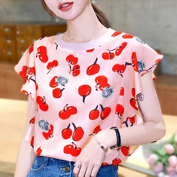 

blouse women blusas mujer de moda summer short sleeve blouse shirt o-neck print chiffon blouse shirt women clothes d145 210426, White