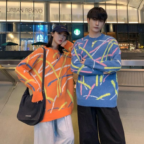 

men's sweaters lovers wear autumn and winter loose round neck line knit sweater student pullover men, White;black