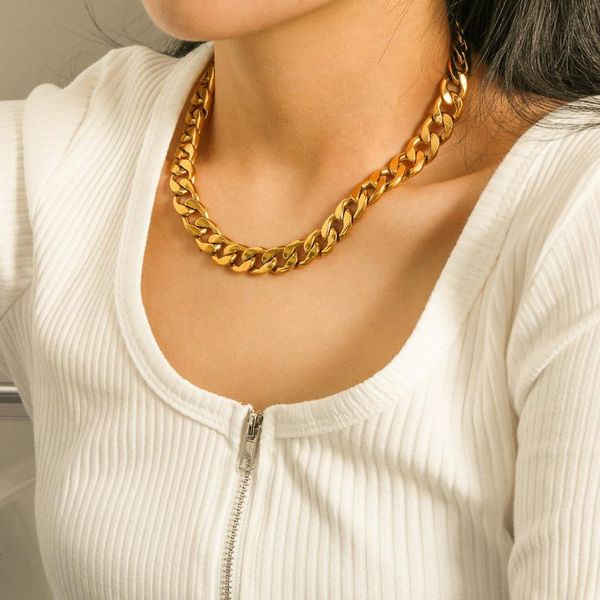 

chokers 12mm large flat choker necklaces simple 18k gold plated stainless steel necklace hip hop punk jewelry, Golden;silver