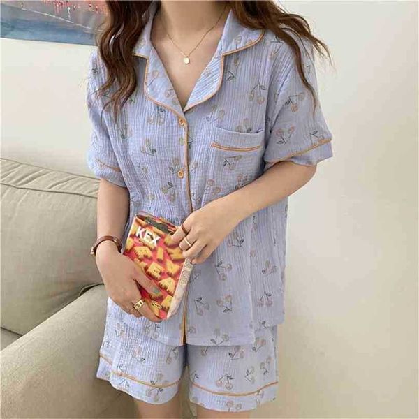 Confortáveis ​​meninas fina impressão moda verão femme doce casual algodão macio sleepwear solto pijama conjuntos 210525