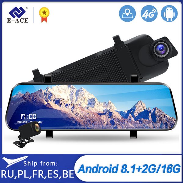 E-ACE 4G GPS Navigorcors 10 Inç Araba DVR 1080 P Video Kaydedici Dikiz Aynası DVR'ler Wifi Buletooth Android ADAS