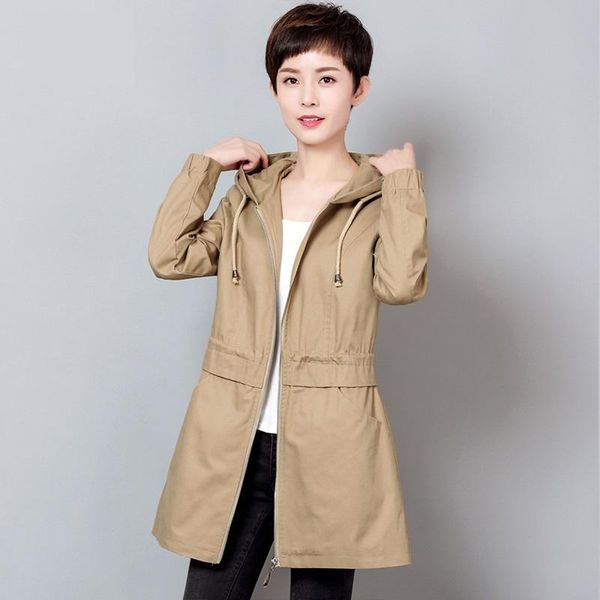 

women's trench coats jacket 2021 spring autumn hooded long-sleeved casual windbreaker female loose long outwear plus size 6xl w931, Tan;black