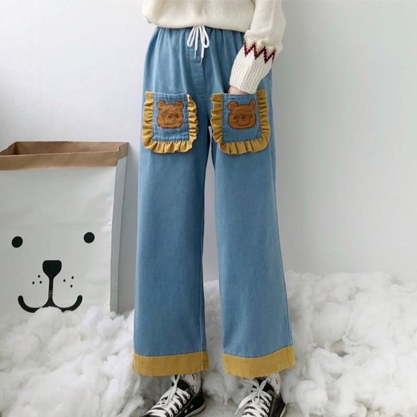 

women's pants & capris origin girl cute little bear pocket straight jeans women spring autumn loose elastic waist, Black;white