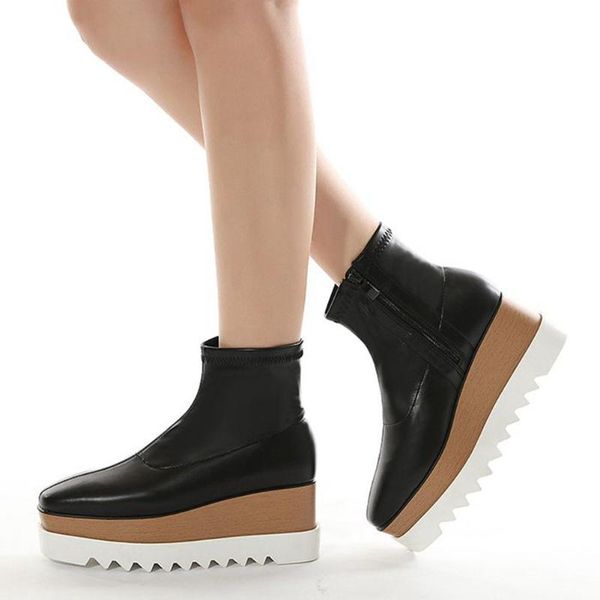 

boots ribetrini thick platform wedges heels fashionable casual footwear chic winter women zipper ankle boot female, Black