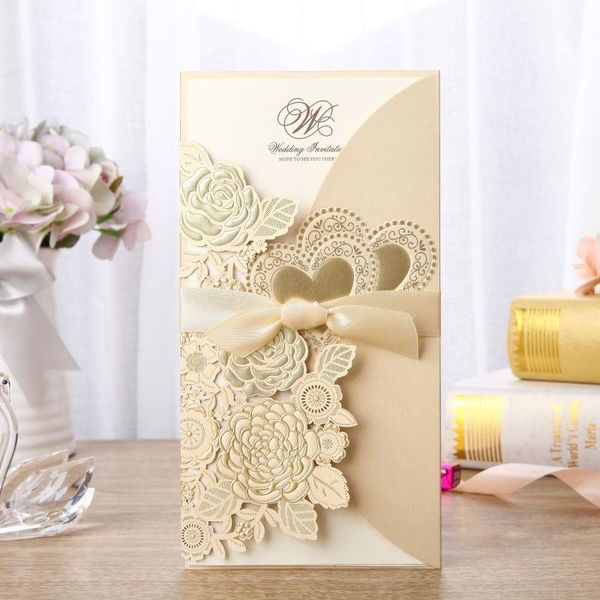 

greeting cards 50pcs gold laser cut wedding invitations card rose heart customize envelopes with ribbon party supplies