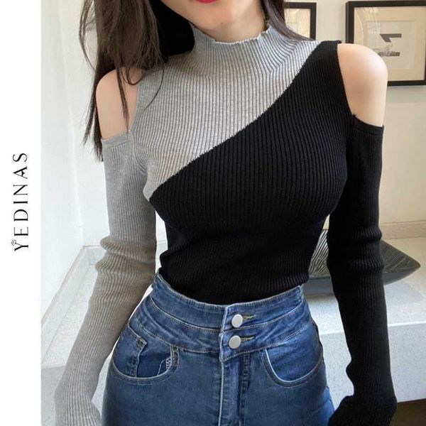 

yedinas spring autumn off shoulder knitted sweater women elegant contrast color slim pullover long sleeve ladies jumpers 210527, White;black