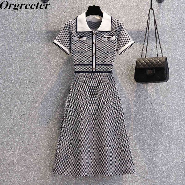 

plus size s-4xl elegant ol lapel plaid color contrast short sleeve knitted dress women temperament vintage sweater 210525, Black;gray