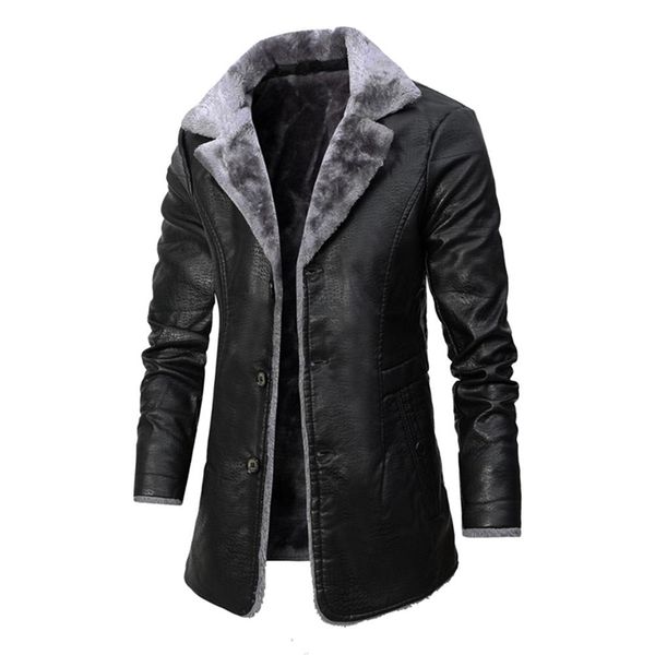 

winter men's leather jacket solid color lining velvet business lapel medium length keep warm black leather windbreaker 211118