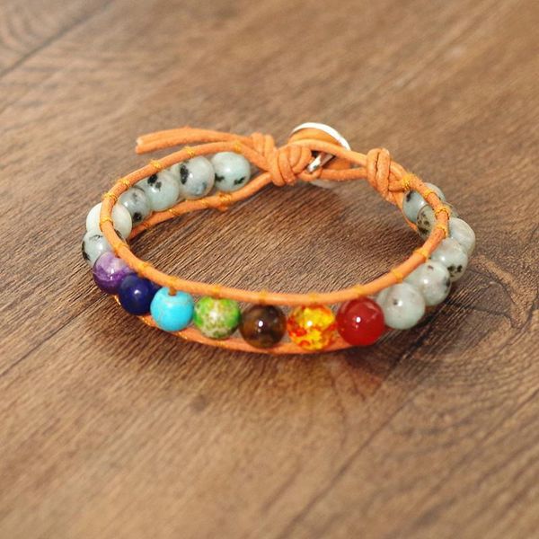 

charm bracelets women men bohemia bracelet 8mm natural stone 7 chakra mala leather wrap semi precious beaded cuff, Golden;silver