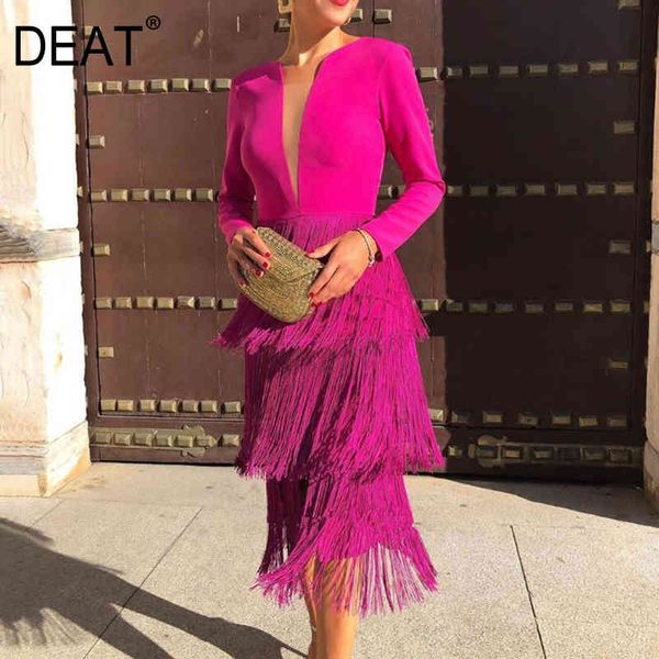 

big size high waist slim pink tassel dress v-neck long sleeve slim fashion tide spring and summer 7d0023 210421, Black;gray