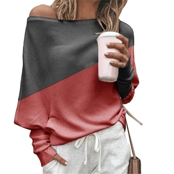 

women's t-shirt fashion women spring autumn color block off shoulder loose long sleeve clothing 2021, White