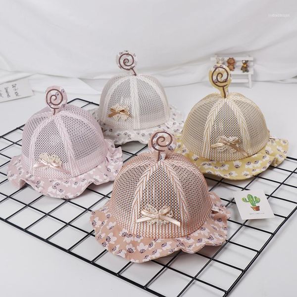 

baby boy and girl hat bow stripe breathable mesh cap summer children's princess models fisherman sun beanies1, Yellow