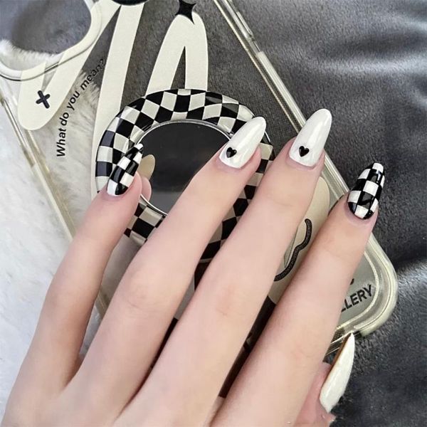 

false nails 24pcs white black plaid nail patch sweet style glue type removable long paragraph manicure save time cin6 899, Red;gold