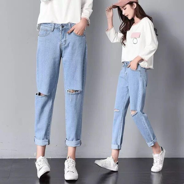 

denim fabric destroy wash jeans women ripped hole high waist pants ankle-length trousers students women's, Blue