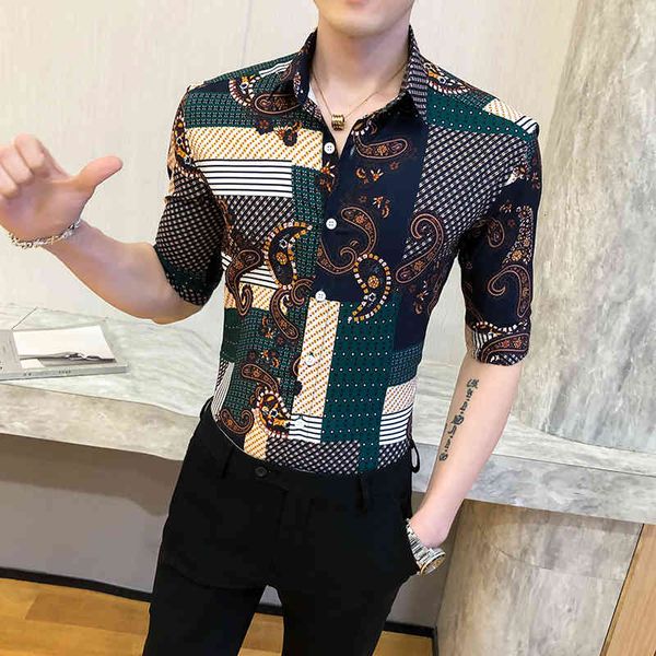 

men's polos luxury baroque print shirt men casual slim fit short sleeve shirts summer night club party streetwear blouse homme cam, White;black