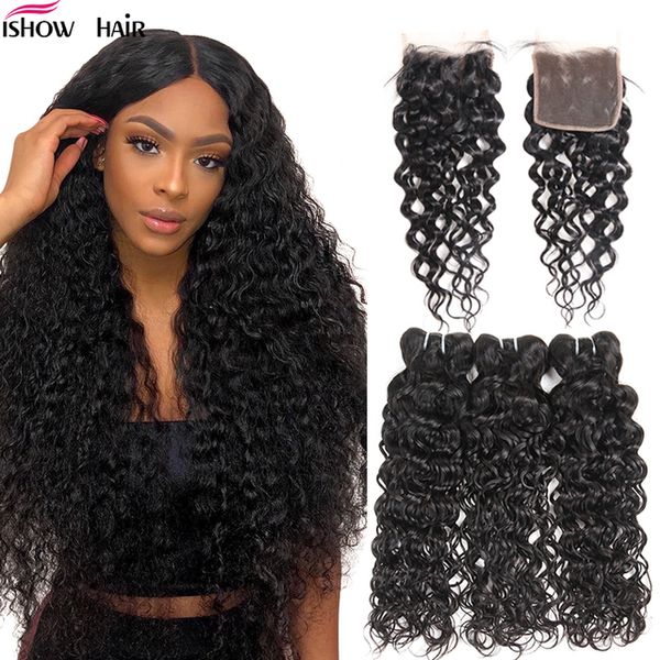 Ishow Virgin Weave Extensions Onda del corpo 8-28 pollici Per le donne Lisci Profondi sciolti Ricci Trame d'acqua Colore nero naturale Fasci di capelli umani con chiusura in pizzo Peruviano