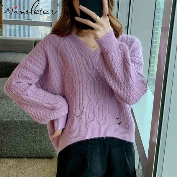 

fall winter clothing for women girls loose short sweater v-neck solid holes pullover jumper long sleeve t00708a 210421, Black;white