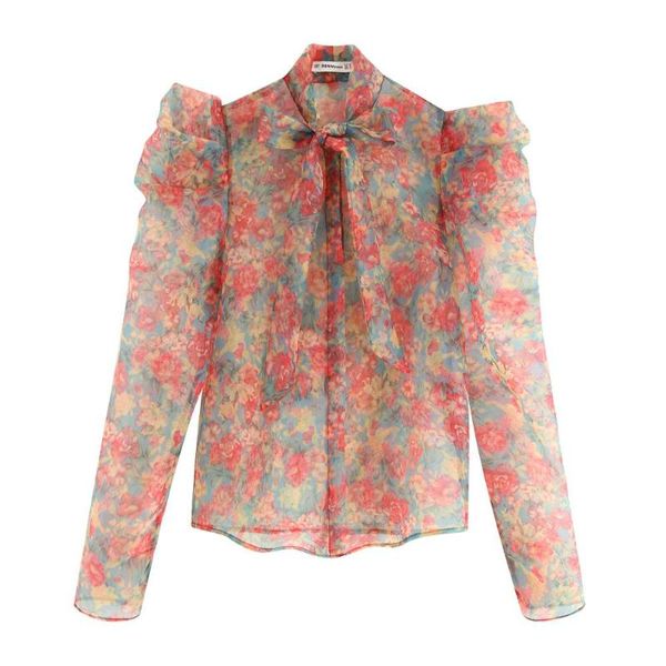 Blusa superior de organza ver através de flores transparentes vintage senhoras florais blusas mulheres manga longa 2021 camisas femininas