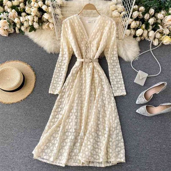 

lady fashion lace v collar high waist thin a-line dress women autumn and winter long sleeve elegant vintage vestidos q103 210527, Black;gray