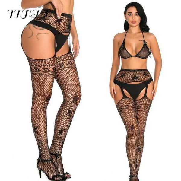 

tight with rhinestones suspenders high waist transparent stockings plus size lingerie garter fishnet pantyhose open crotch, Black