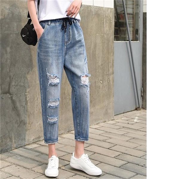 

women's jeans 2021 spring and summer ankle-length harem pants high waist ripped straight casual, Blue